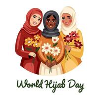 cubierto muchachas en hijab participación flores internacional hijam día. Tres musulmán mujer son sonriente. departamento, dibujos animados, vector. vector