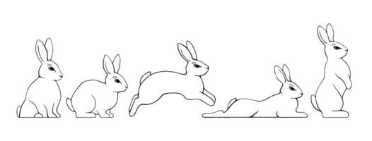 Set of drawn rabbits. Vector black and white illustration.