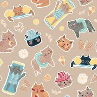 Cats on the beach on vacation. Cute childish flat illustration in gentle beige color. Seamless vector pattern for fabrics, wallpapers, wrapping paper.