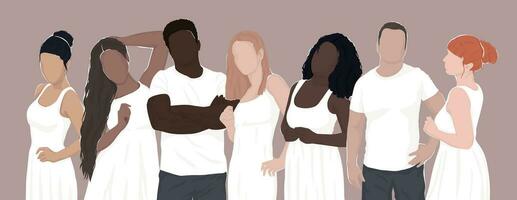 set of drawn diverse people in white clothes. women and men from different ethnic groups. modern flat illustrations. for postcard, poster, banner vector