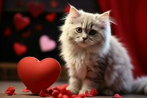 ai generado patéticamente adorable un dulce gatito anidado con un corazón radiante amor ai generado foto