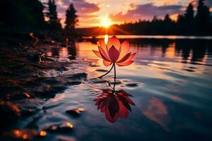 AI generated Macro photography captures an epic sunset at a scenic lake photo