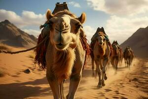 AI generated Spectacular wide angle view camel caravan journey in Saharas sandy expanse photo