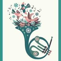 Winter illustration with a French horn with a nest, birds, snowflakes, notes. Green, pink colours. For postcards, concert invitations, banners, posters vector