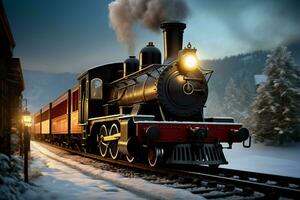 AI generated Christmas train rolling through a winter wonderland AI Generated photo