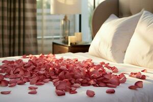 AI generated Elegant gesture Rose petals on the bed adding a touch of luxury and romance AI Generated photo