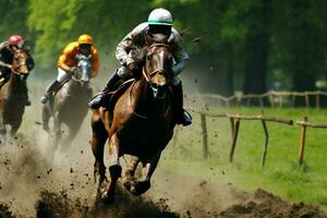 AI generated Track drama The thrilling spectacle of a horse race capturing the speed and competition AI Generated photo