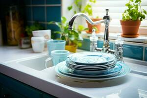 AI generated Daily upkeep Image of dishwashing maintaining kitchen hygiene and order AI Generated photo