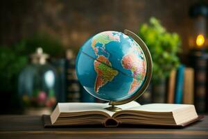 AI generated Educational exploration Earth globe surrounded by a collection of books AI Generated photo