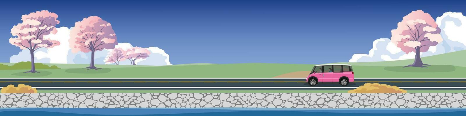 Travels of family van car with driving for banner. Asphalt road near the meadow with cherry blossom tree. Front grund with river. Under clear sky and white clouds. Copy Space Flat Vector.