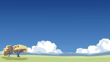 Background for presentation. Spring trees on the green meadow hill. Under mountain and blue clear sky with white couds. Free space in the center for insert text. vector