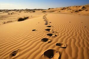 AI generated Natures diary footprints mark a sandy canvas, a silent narrative photo