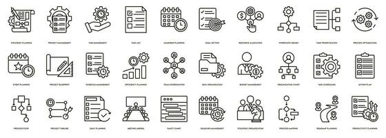 planificación y organización icono línea conjunto vector ilustración. estratégico planificación, proyecto gestión, hora gestión, tarea lista, calendario planificación, objetivo ajuste