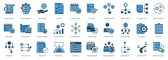 planificación y organización icono línea conjunto vector ilustración. estratégico planificación, proyecto gestión, hora gestión, tarea lista, calendario planificación, objetivo ajuste