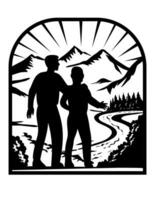 padre y hijo a comienzo viaje con montañas y río xilografía vector