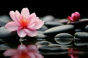 AI generated Zen serenity stone with a touch of pink flower tranquility photo