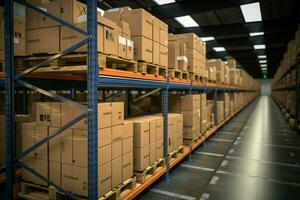 AI generated Distribution center racks filled with packages, ready for global transport photo