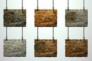 AI generated Set of wooden signs hanging on a chain, isolated white photo