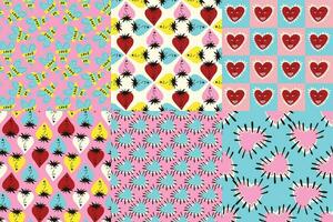 Valentine's Collection of Bright and Cool Seamless Patterns. Pattern with Cool Quirky Playful Bright Hearts and characters vector