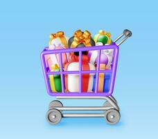 3D Metal Shopping Cart with Heap of Gift Boxes vector