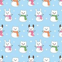 Animals snowman cartoon seamless pattern background. Deer, rabbit, cat, bear for winter and wrapping vector
