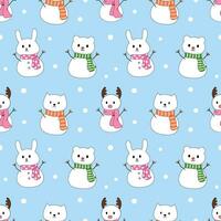 Animals snowman cartoon seamless pattern background. Deer, rabbit, cat, bear for winter and wrapping vector