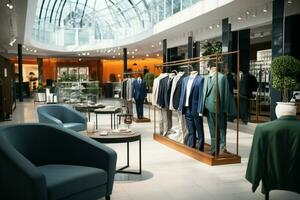 AI generated Fashionable retail store interior, showcasing mens and womens formal wear photo