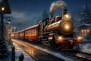ai generado mágico invierno paseo un tren adornado con Navidad decoraciones en un Nevado ajuste ai generado foto
