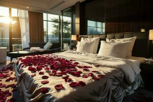 AI generated Romantic ambiance Rose petals scattered on a bed in a hotel room AI Generated photo