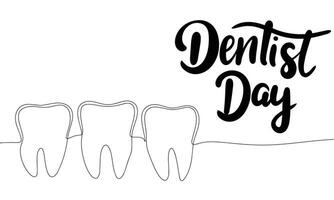 Happy Dentist Day text banner. Handwriting text Dentist Day with line art teeth. Hand drawn vector art