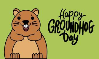 Happy Groundhog Day text banner. Handwriting text Happy Groundhog Day with cute groundhog. Hand drawn vector art