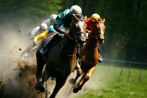 AI generated Racing elegance Horses in stride showcasing the intensity of a competitive race AI Generated photo