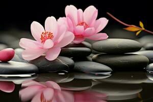 AI generated Zen stone with pink flower, creating a harmonious and serene scene photo