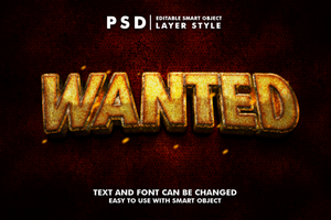 wanted realistic 3d text effect premium psd with smart object
