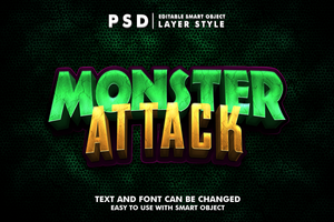 monstre attaque 3d dessin animé texte effet prime psd