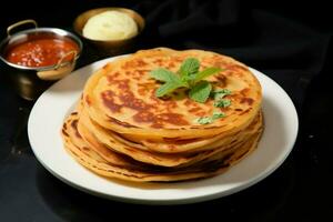 ai generado desayuno deleite parata, canaí, o Roti maría servido en plato foto