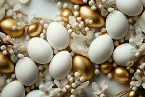 AI generated Minimalistic Easter flat lay with gold and white composition, eggs photo