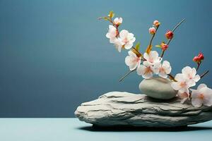 AI generated Serene showcase stone with flowers on a light blue background photo
