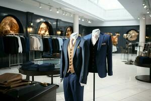 AI generated Fashionable retail store interior, showcasing mens and womens formal wear photo
