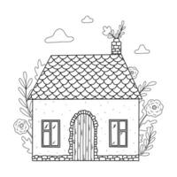 Cute hand drawn countryside cottage, village house with flowers and leaves for coloring pages, scrapbooking, stationary, wallpaper, cards, posters, banners, signs, etc. EPS 10 vector