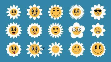 Set groovy chamomile flowers with funny faces. Daisy wheel cartoon character emotion stickers. Retro cartoon vector illustration