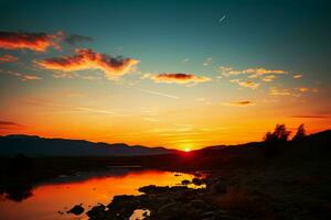 ai generado noche matices un asombroso puesta de sol fundición un calentar resplandor en el paisaje ai generado foto