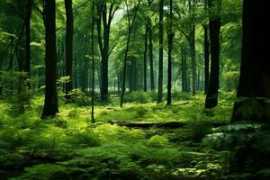 AI generated Lush green forest with majestic trees, small bushes, and ferns photo