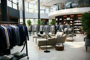 AI generated Fashionable retail store interior, showcasing mens and womens formal wear photo