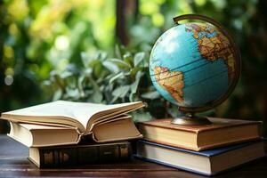 AI generated Educational exploration Earth globe surrounded by a collection of books AI Generated photo