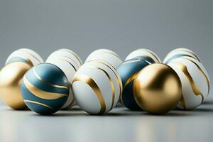 AI generated Minimalistic elegance white and gold Easter eggs, flat lay photo