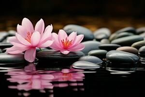 AI generated Zen serenity stone with a touch of pink flower tranquility photo