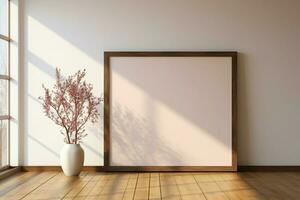 AI generated Creative composition Mockup with wooden frame on parquet floor, 3D photo