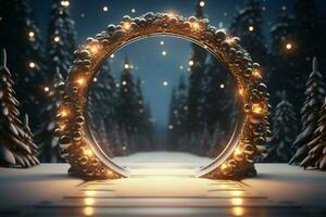 AI generated Festive 3D circle A frame background for celebrating the beauty of Christmas and New Year AI Generated photo