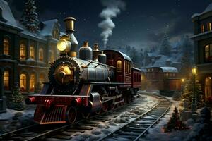 AI generated Christmas train rolling through a winter wonderland AI Generated photo